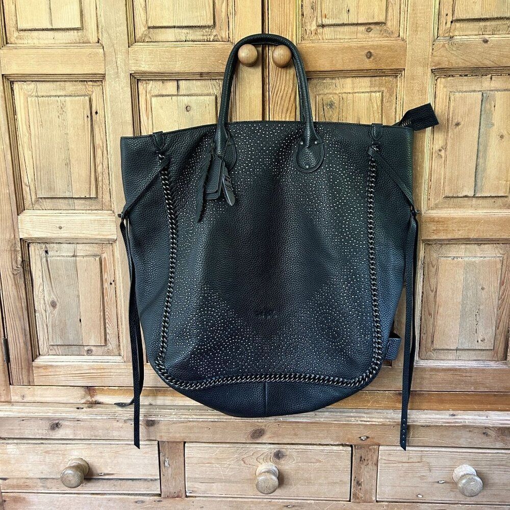 Coach Tatum Studded Tall Tote in Pebbled Leather Black Oversized Metal Chain‎
